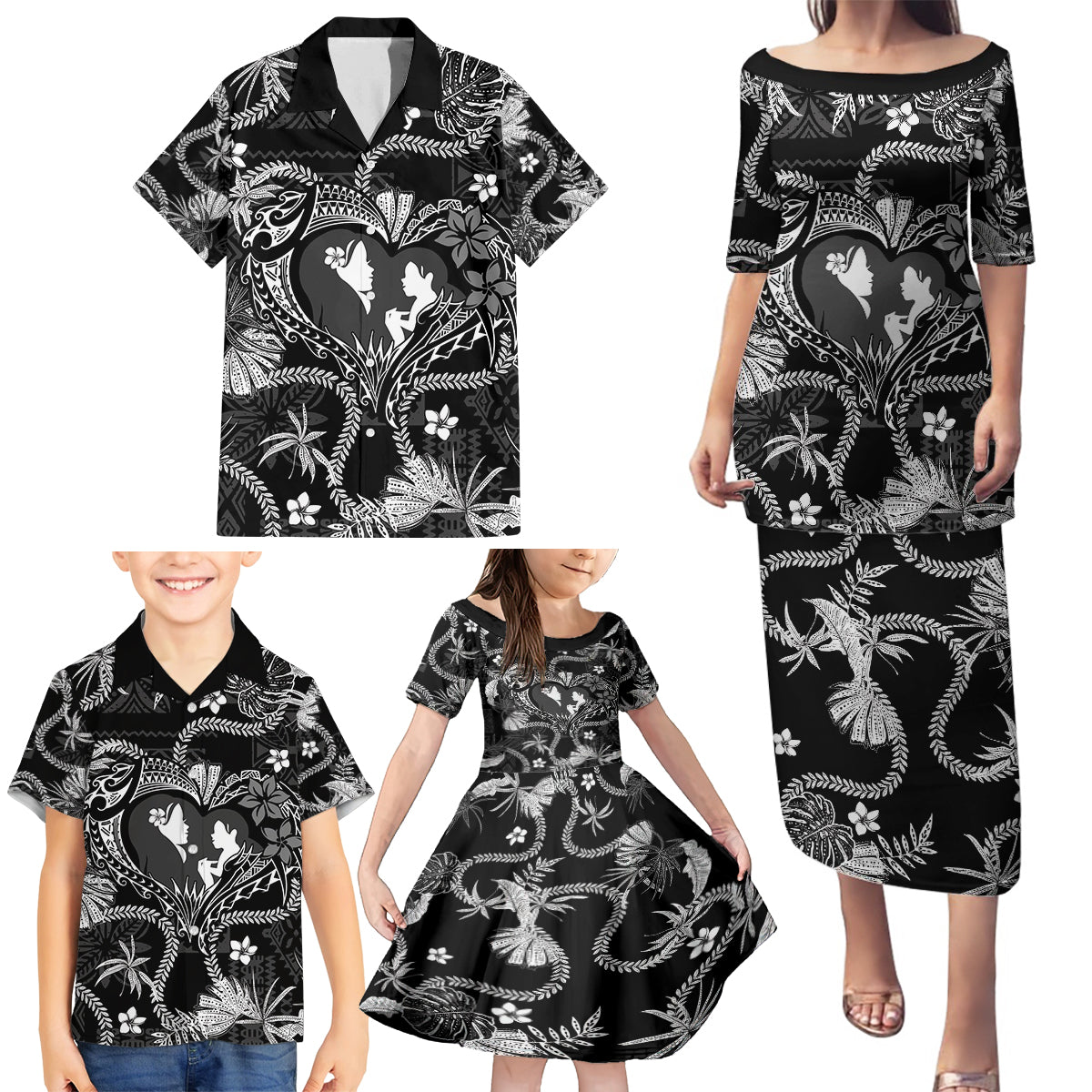 Hawaii Plumeria Family Matching Puletasi and Hawaiian Shirt Hau'oli la Makuahine Monochrome LT7 - Polynesian Pride