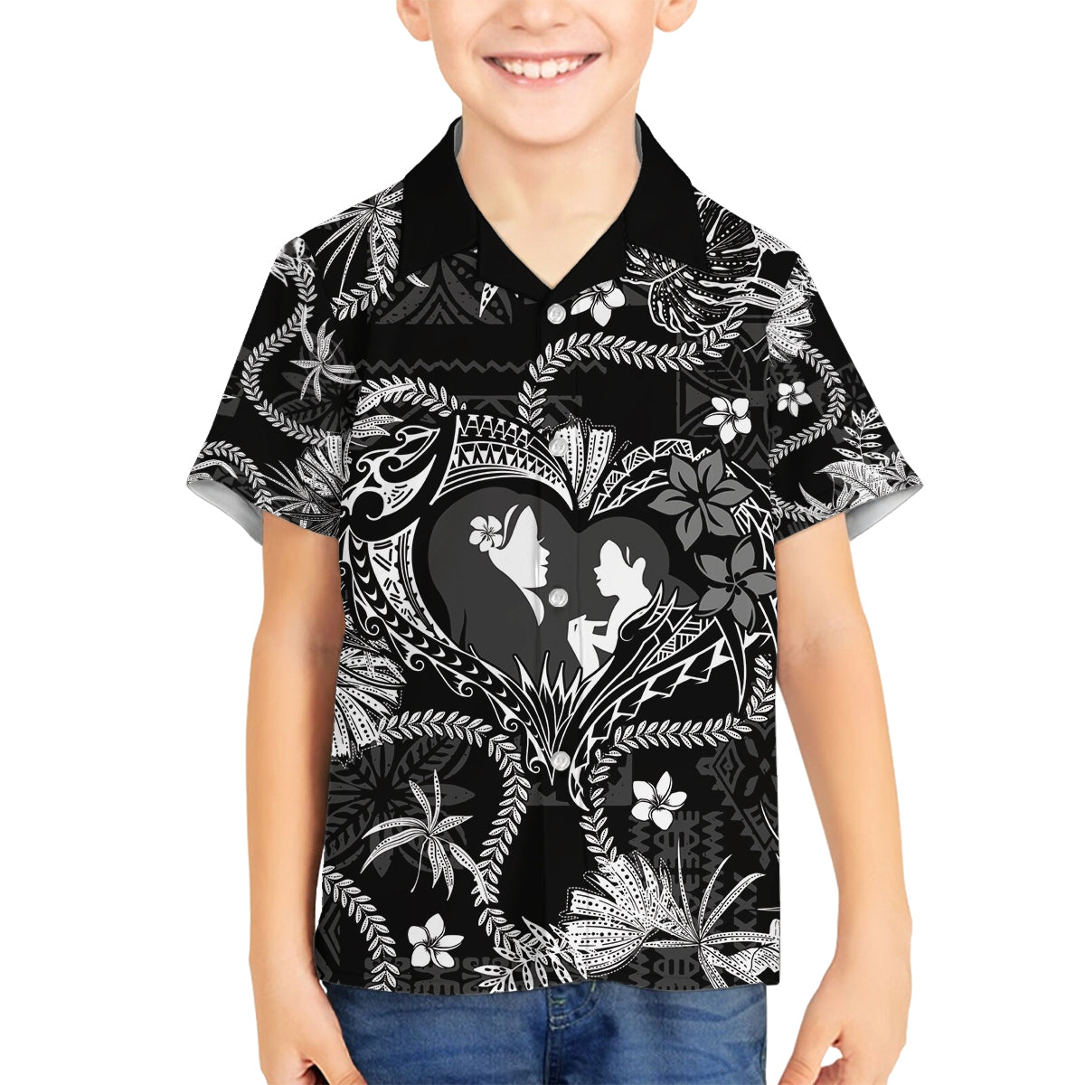 Hawaii Plumeria Family Matching Tank Maxi Dress and Hawaiian Shirt Hau'oli la Makuahine Monochrome LT7 Son's Shirt Black - Polynesian Pride