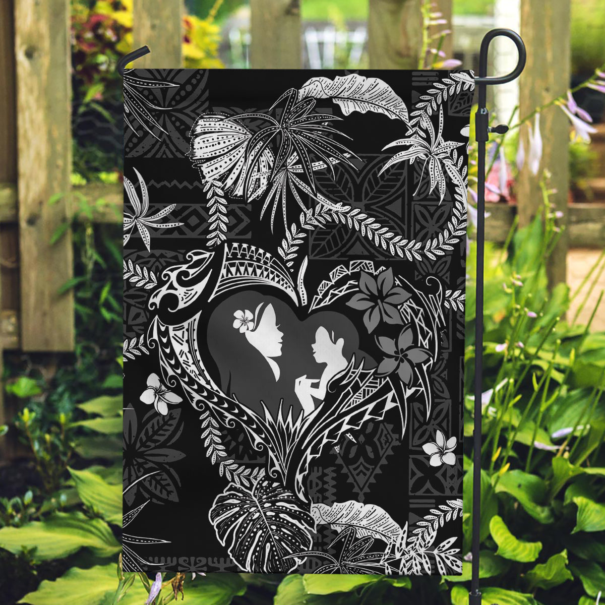 Hawaii Plumeria Garden Flag Hau'oli la Makuahine Monochrome LT7 Garden Flag Black - Polynesian Pride