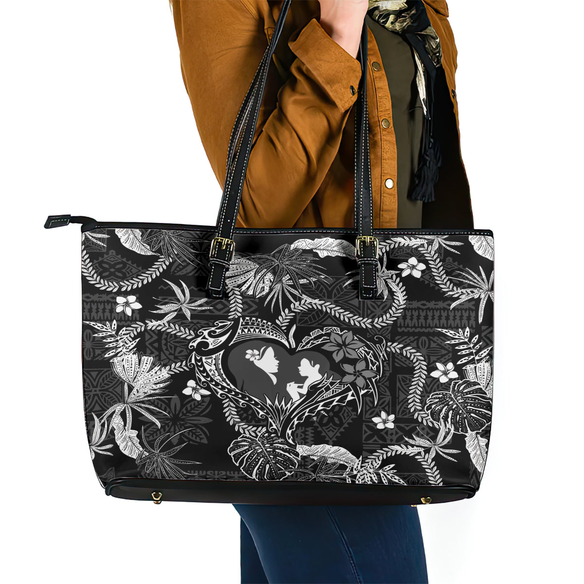 Hawaii Plumeria Leather Tote Bag Hau'oli la Makuahine Monochrome LT7 - Polynesian Pride