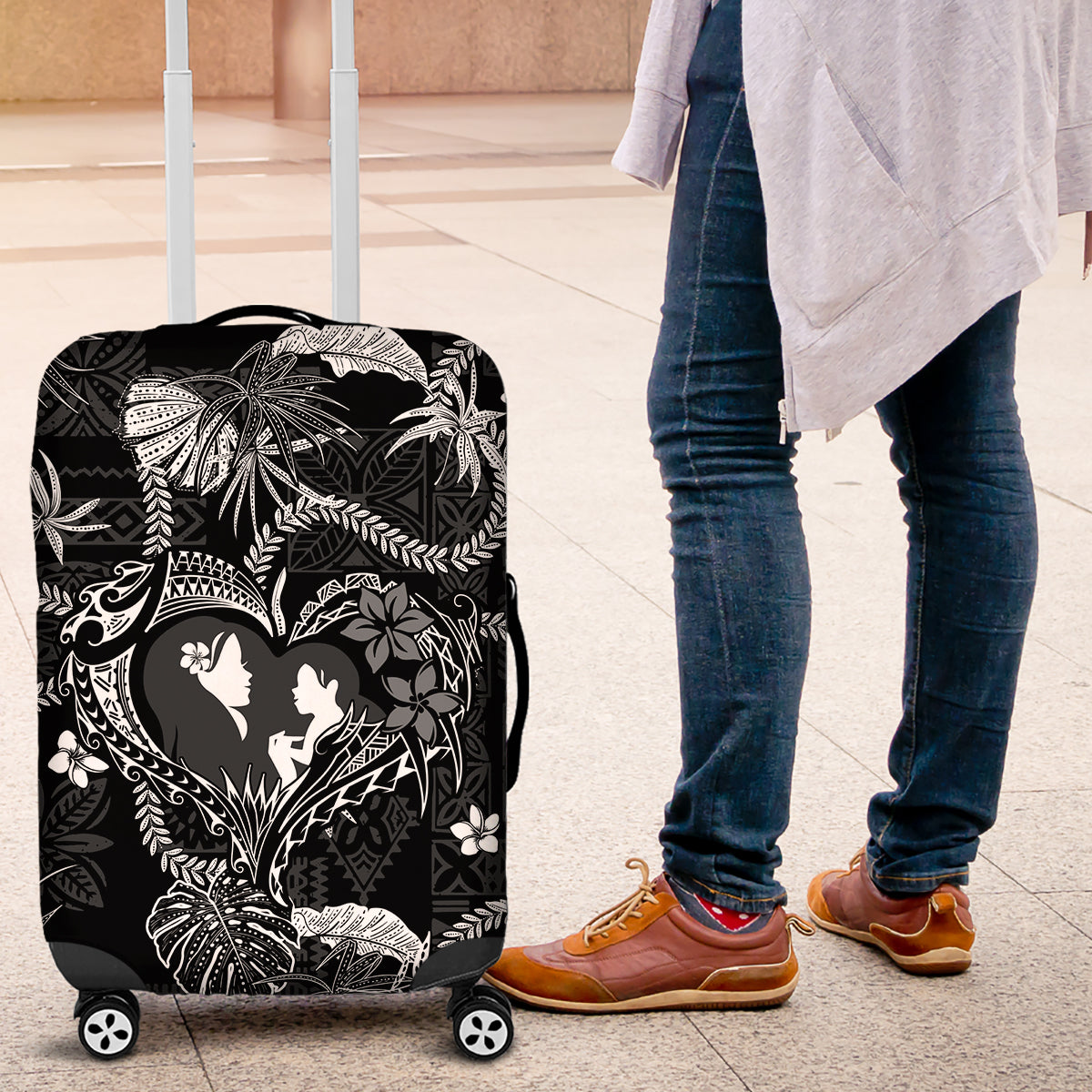 Hawaii Plumeria Luggage Cover Hau'oli la Makuahine Monochrome LT7 Black - Polynesian Pride