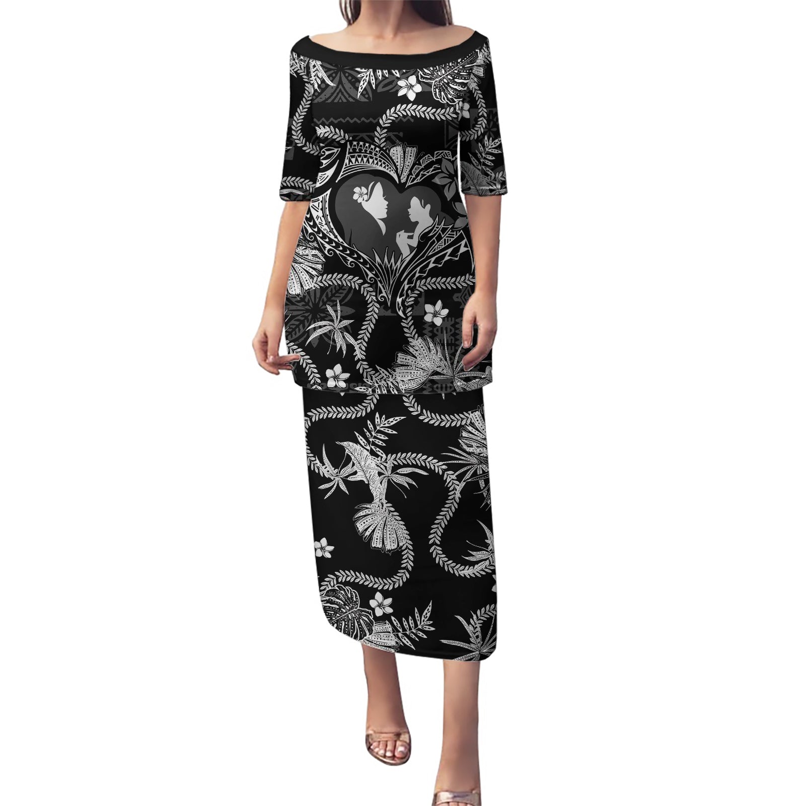 Hawaii Plumeria Puletasi Hau'oli la Makuahine Monochrome LT7 Long Dress Black - Polynesian Pride