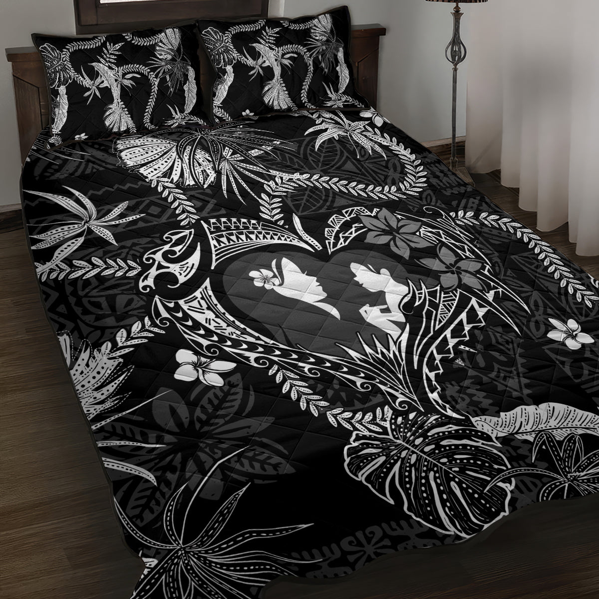 Hawaii Plumeria Quilt Bed Set Hau'oli la Makuahine Monochrome LT7 Black - Polynesian Pride