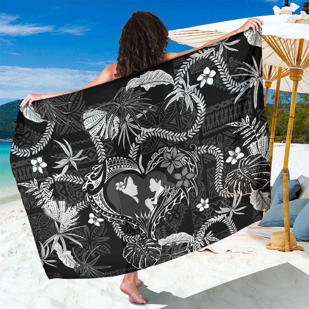 Hawaii Plumeria Sarong Hau'oli la Makuahine Monochrome LT7 One Size 44 x 66 inches Black - Polynesian Pride