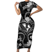 Hawaii Plumeria Short Sleeve Bodycon Dress Hau'oli la Makuahine Monochrome LT7 Long Dress Black - Polynesian Pride