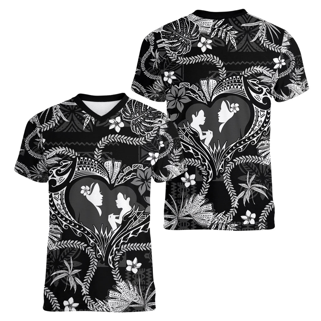 Hawaii Plumeria Women V Neck T Shirt Hau'oli la Makuahine Monochrome LT7 - Polynesian Pride