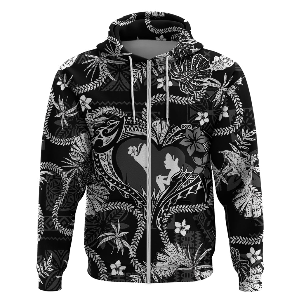 Hawaii Plumeria Zip Hoodie Hau'oli la Makuahine Monochrome LT7 Zip Hoodie Black - Polynesian Pride