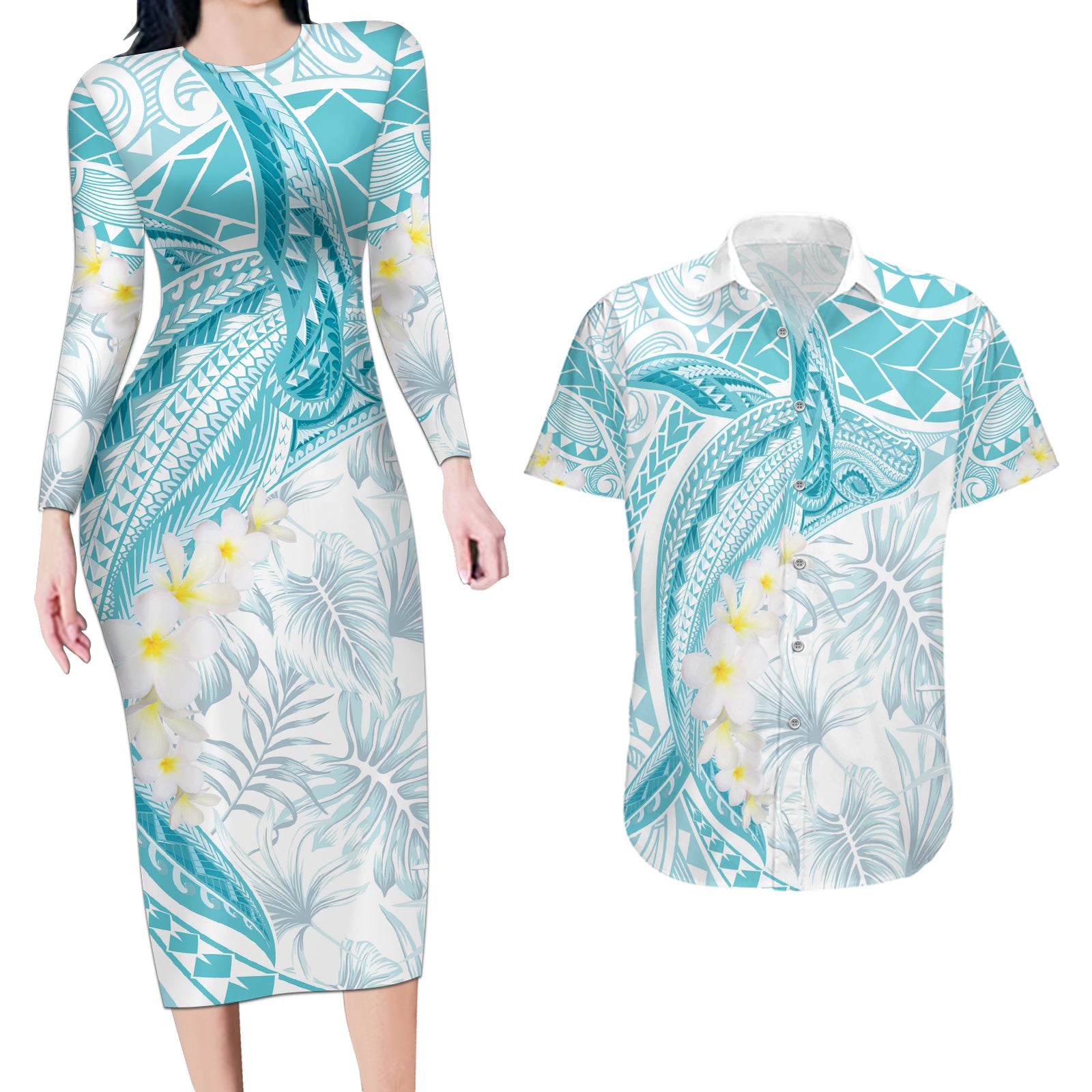 Polynesia Humpback Whale Couples Matching Long Sleeve Bodycon Dress and Hawaiian Shirt Tropical Plumeria Turquoise LT7 Turquoise - Polynesian Pride