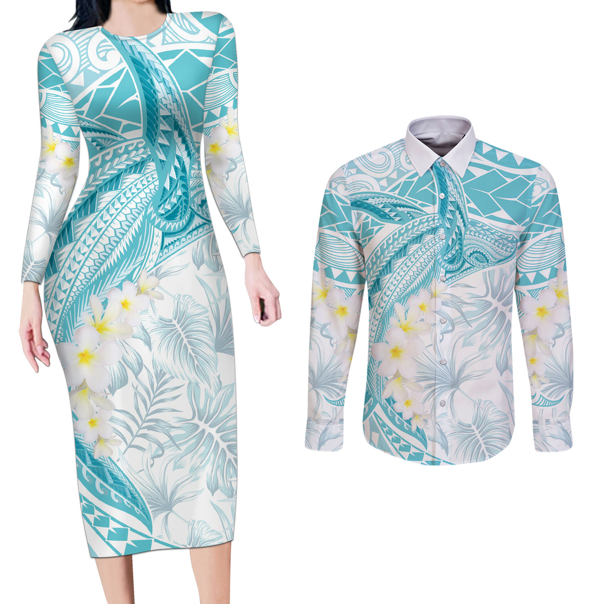 Polynesia Humpback Whale Couples Matching Long Sleeve Bodycon Dress and Long Sleeve Button Shirt Tropical Plumeria Turquoise LT7 Turquoise - Polynesian Pride
