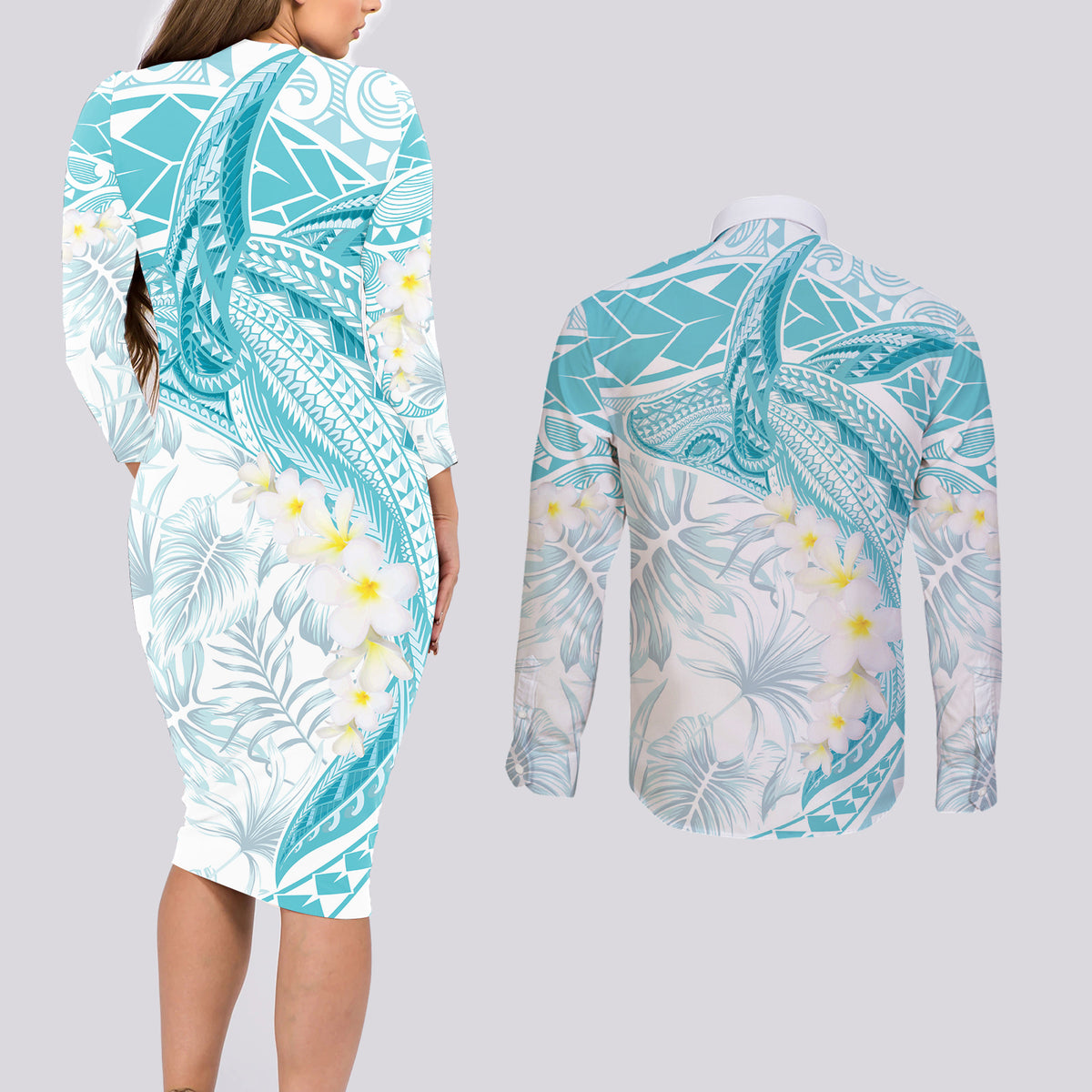 Polynesia Humpback Whale Couples Matching Long Sleeve Bodycon Dress and Long Sleeve Button Shirt Tropical Plumeria Turquoise LT7 - Polynesian Pride