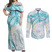 Polynesia Humpback Whale Couples Matching Off Shoulder Maxi Dress and Long Sleeve Button Shirt Tropical Plumeria Turquoise LT7 Turquoise - Polynesian Pride