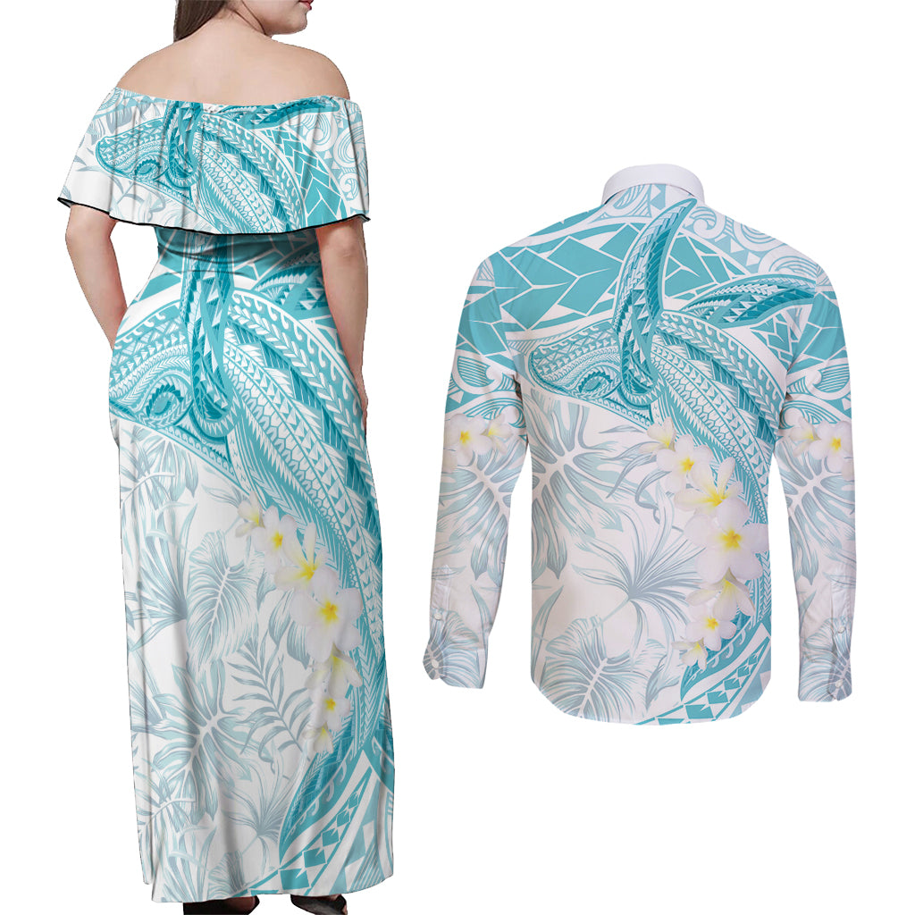 Polynesia Humpback Whale Couples Matching Off Shoulder Maxi Dress and Long Sleeve Button Shirt Tropical Plumeria Turquoise LT7 - Polynesian Pride