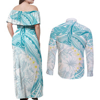 Polynesia Humpback Whale Couples Matching Off Shoulder Maxi Dress and Long Sleeve Button Shirt Tropical Plumeria Turquoise LT7 - Polynesian Pride