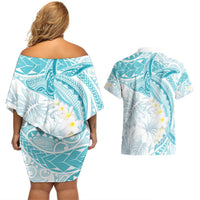 Polynesia Humpback Whale Couples Matching Off Shoulder Short Dress and Hawaiian Shirt Tropical Plumeria Turquoise LT7 - Polynesian Pride