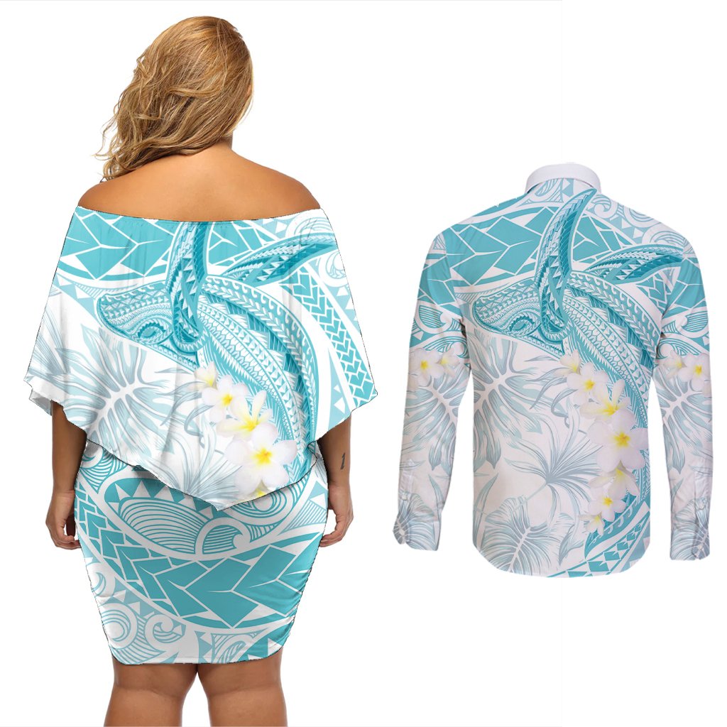 Polynesia Humpback Whale Couples Matching Off Shoulder Short Dress and Long Sleeve Button Shirt Tropical Plumeria Turquoise LT7 - Polynesian Pride