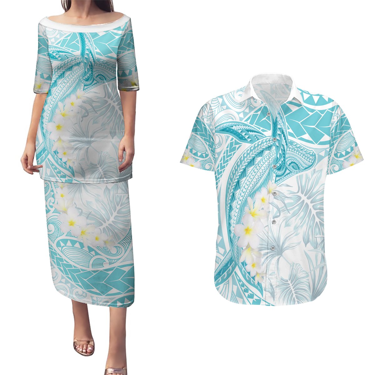 Polynesia Humpback Whale Couples Matching Puletasi and Hawaiian Shirt Tropical Plumeria Turquoise LT7 Turquoise - Polynesian Pride