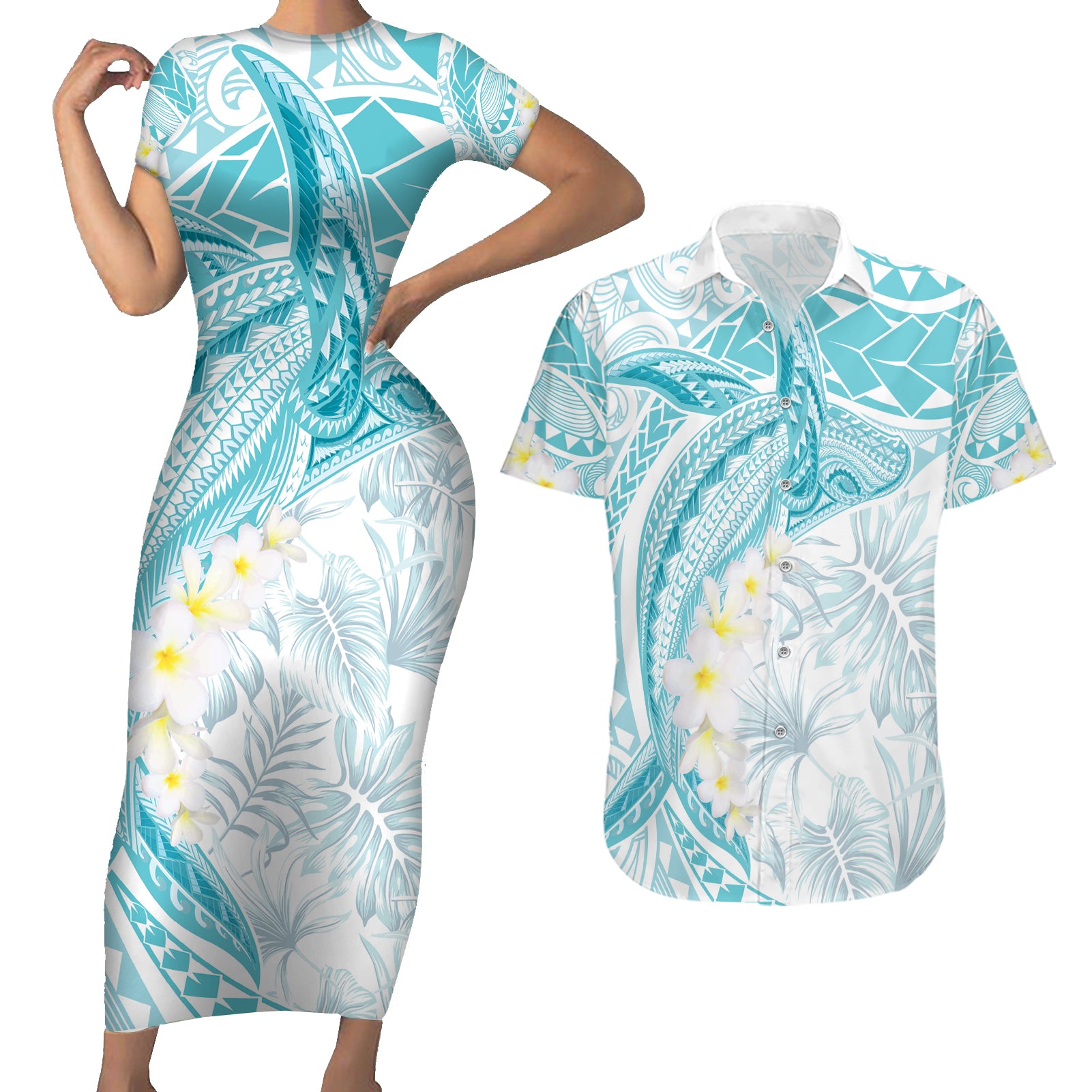 Polynesia Humpback Whale Couples Matching Short Sleeve Bodycon Dress and Hawaiian Shirt Tropical Plumeria Turquoise