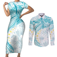 Polynesia Humpback Whale Couples Matching Short Sleeve Bodycon Dress and Long Sleeve Button Shirt Tropical Plumeria Turquoise LT7 Turquoise - Polynesian Pride