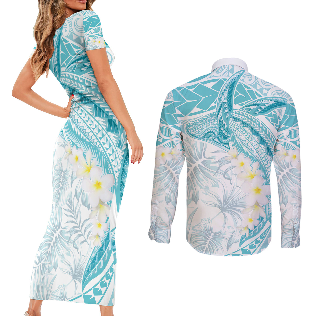 Polynesia Humpback Whale Couples Matching Short Sleeve Bodycon Dress and Long Sleeve Button Shirt Tropical Plumeria Turquoise LT7 - Polynesian Pride