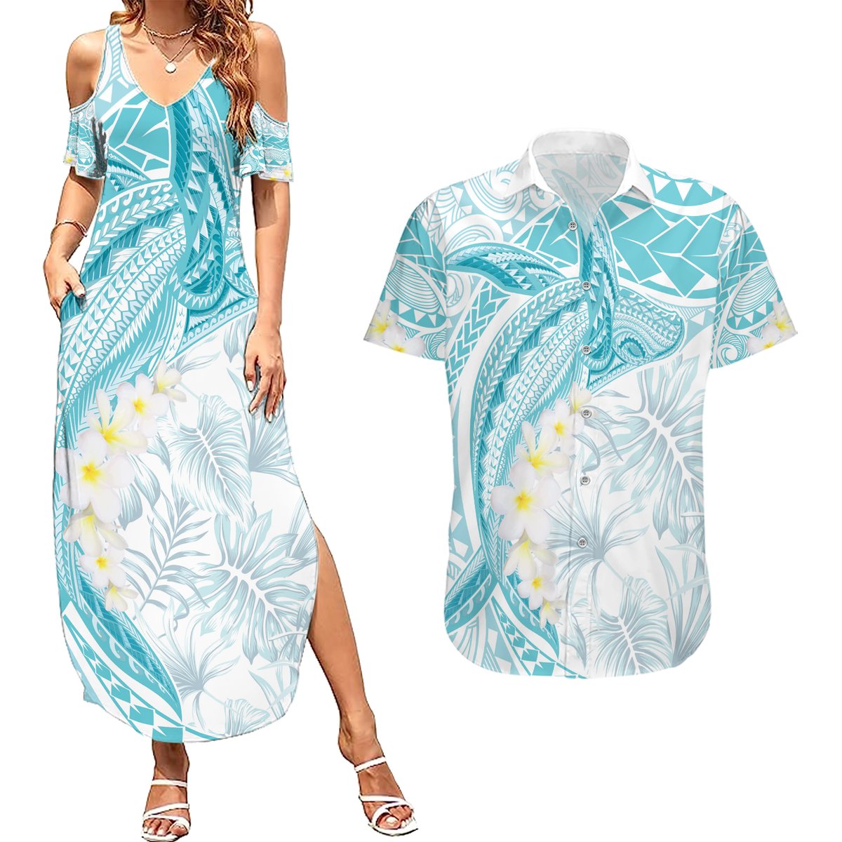 Polynesia Humpback Whale Couples Matching Summer Maxi Dress and Hawaiian Shirt Tropical Plumeria Turquoise LT7 Turquoise - Polynesian Pride