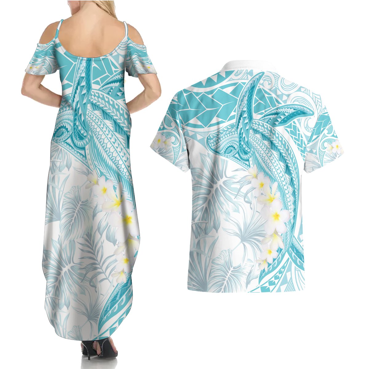 Polynesia Humpback Whale Couples Matching Summer Maxi Dress and Hawaiian Shirt Tropical Plumeria Turquoise LT7 - Polynesian Pride