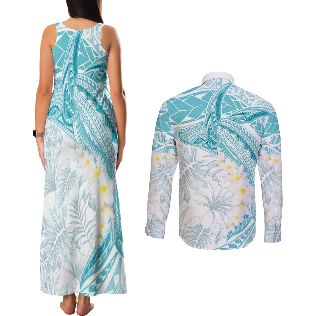 Polynesia Humpback Whale Couples Matching Tank Maxi Dress and Long Sleeve Button Shirt Tropical Plumeria Turquoise LT7 - Polynesian Pride