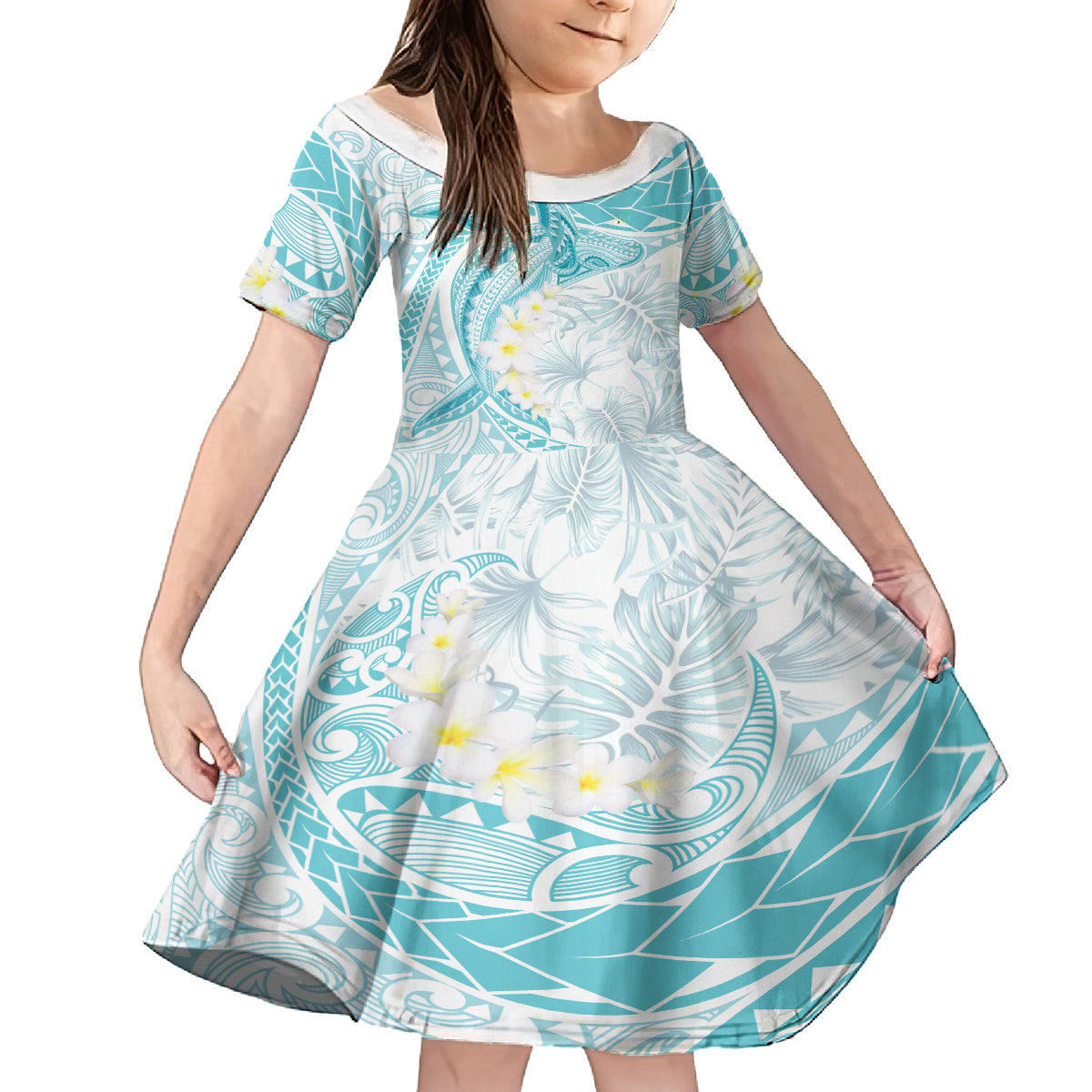 Polynesia Humpback Whale Family Matching Off Shoulder Maxi Dress and Hawaiian Shirt Tropical Plumeria Turquoise LT7 Daughter's Dress Turquoise - Polynesian Pride