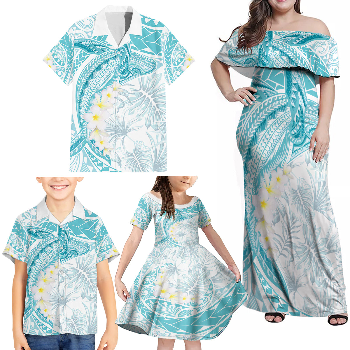 Polynesia Humpback Whale Family Matching Off Shoulder Maxi Dress and Hawaiian Shirt Tropical Plumeria Turquoise