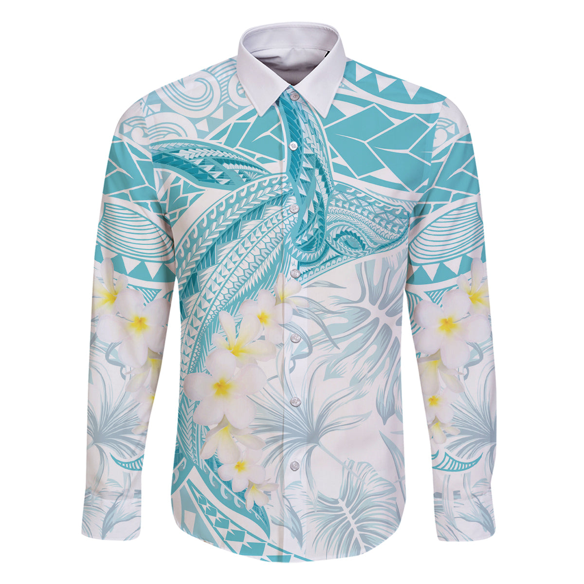 Polynesia Humpback Whale Family Matching Off Shoulder Maxi Dress and Hawaiian Shirt Tropical Plumeria Turquoise LT7 Dad's Shirt - Long Sleeve Turquoise - Polynesian Pride