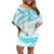 Polynesia Humpback Whale Family Matching Off Shoulder Short Dress and Hawaiian Shirt Tropical Plumeria Turquoise