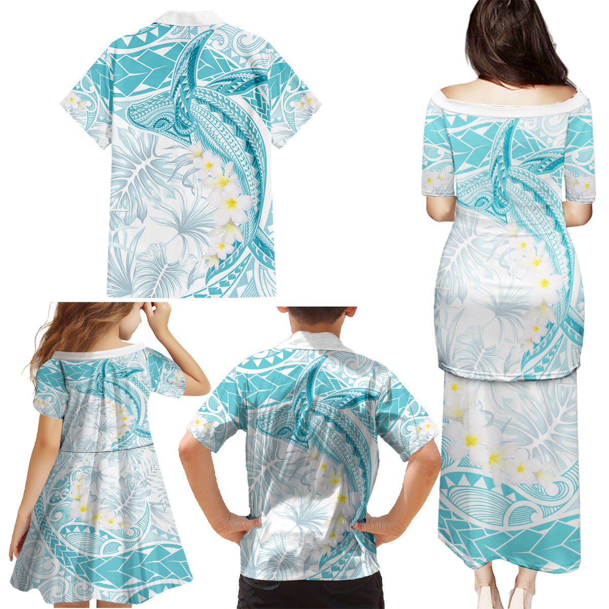 Polynesia Humpback Whale Family Matching Puletasi and Hawaiian Shirt Tropical Plumeria Turquoise LT7 - Polynesian Pride
