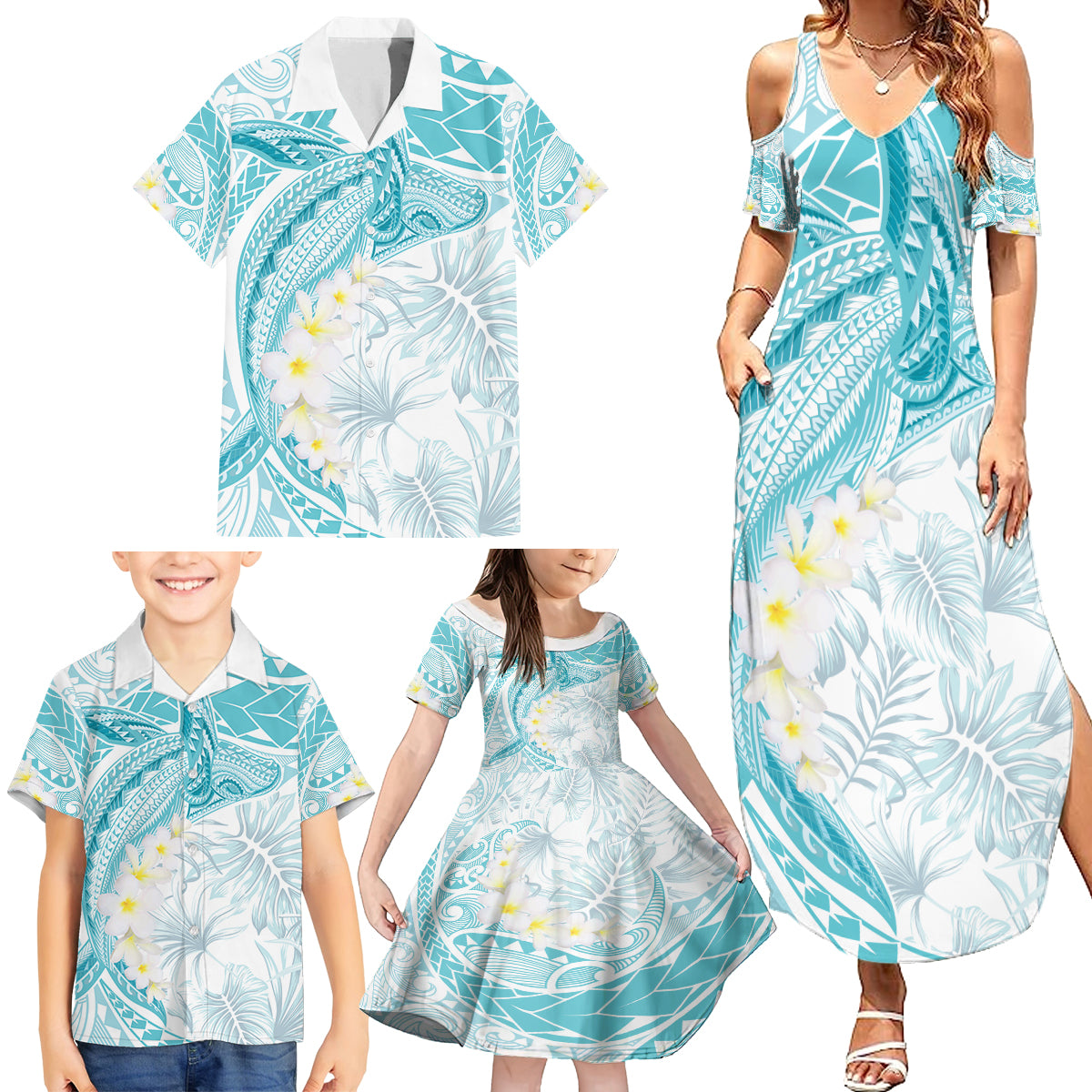 Polynesia Humpback Whale Family Matching Summer Maxi Dress and Hawaiian Shirt Tropical Plumeria Turquoise LT7 - Polynesian Pride