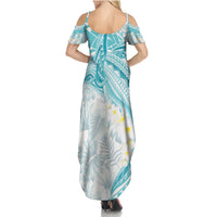 Polynesia Humpback Whale Family Matching Summer Maxi Dress and Hawaiian Shirt Tropical Plumeria Turquoise LT7 - Polynesian Pride