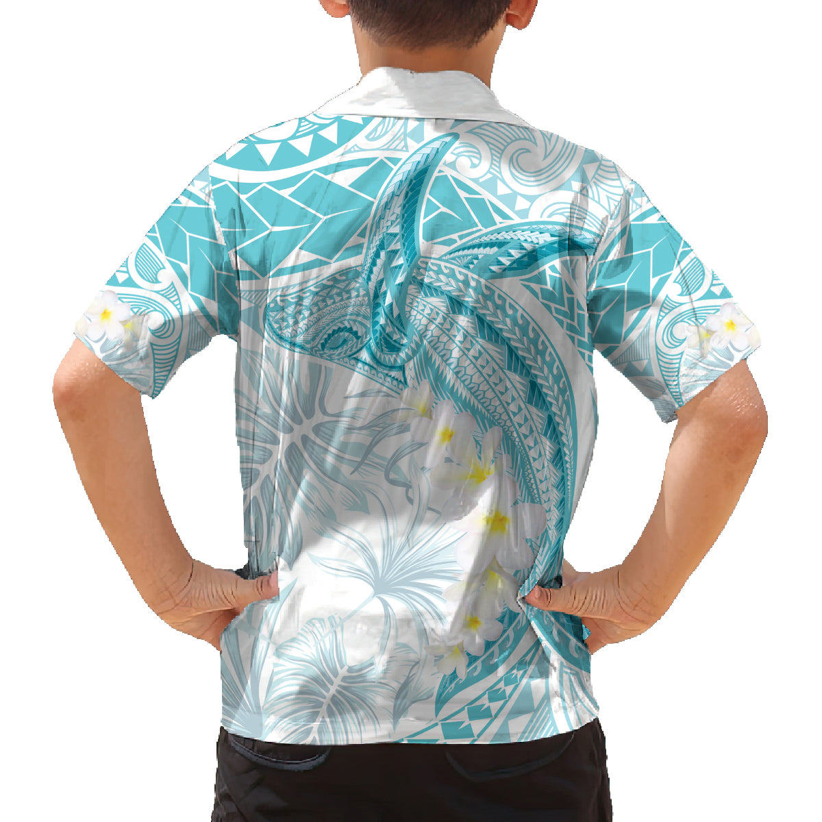 Polynesia Humpback Whale Family Matching Tank Maxi Dress and Hawaiian Shirt Tropical Plumeria Turquoise LT7 - Polynesian Pride