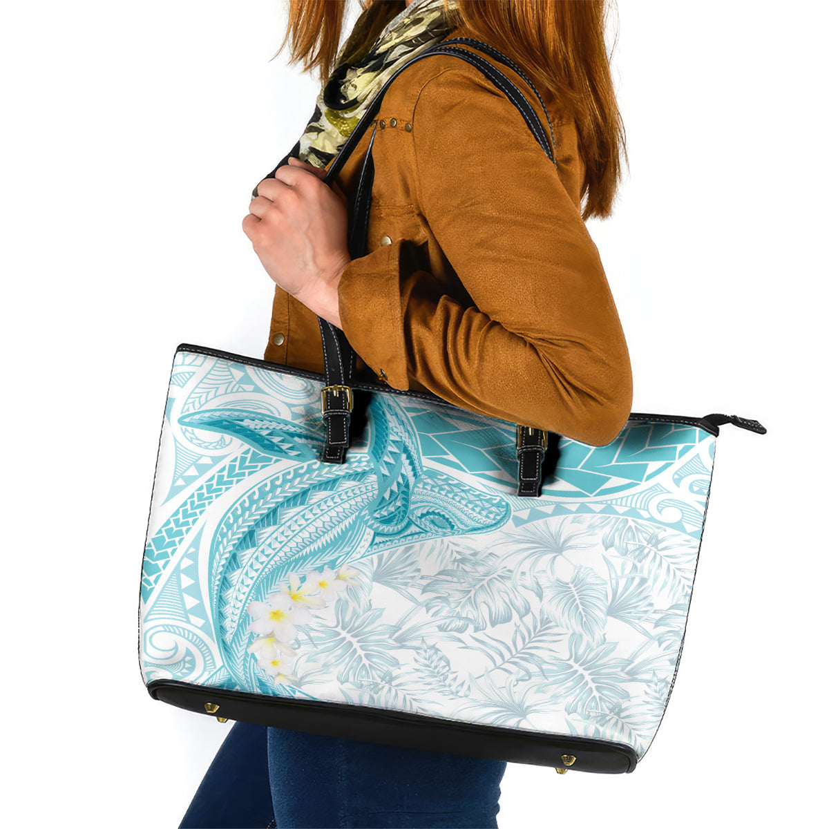 Polynesia Humpback Whale Leather Tote Bag Tropical Plumeria Turquoise LT7 Turquoise - Polynesian Pride