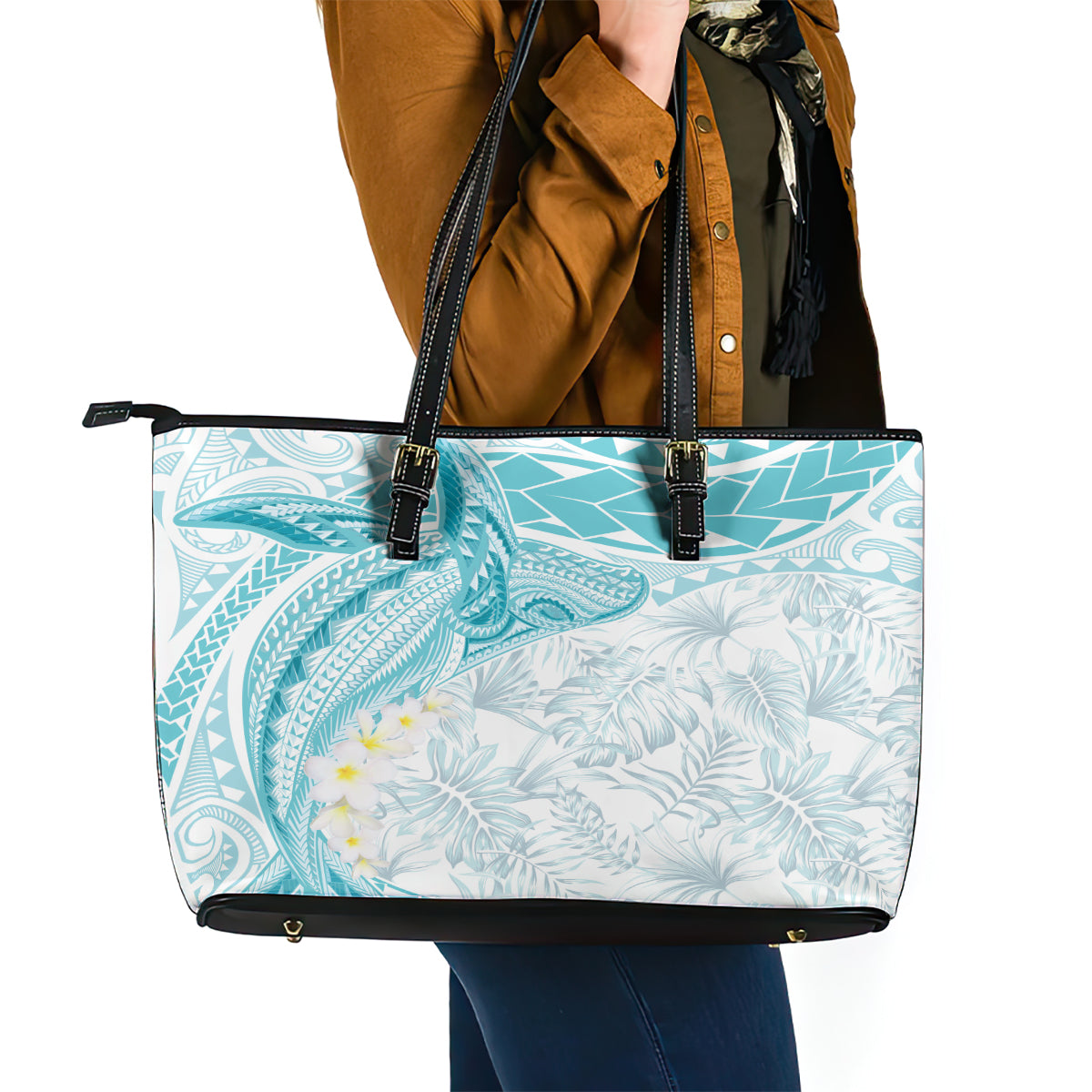 Polynesia Humpback Whale Leather Tote Bag Tropical Plumeria Turquoise LT7 - Polynesian Pride