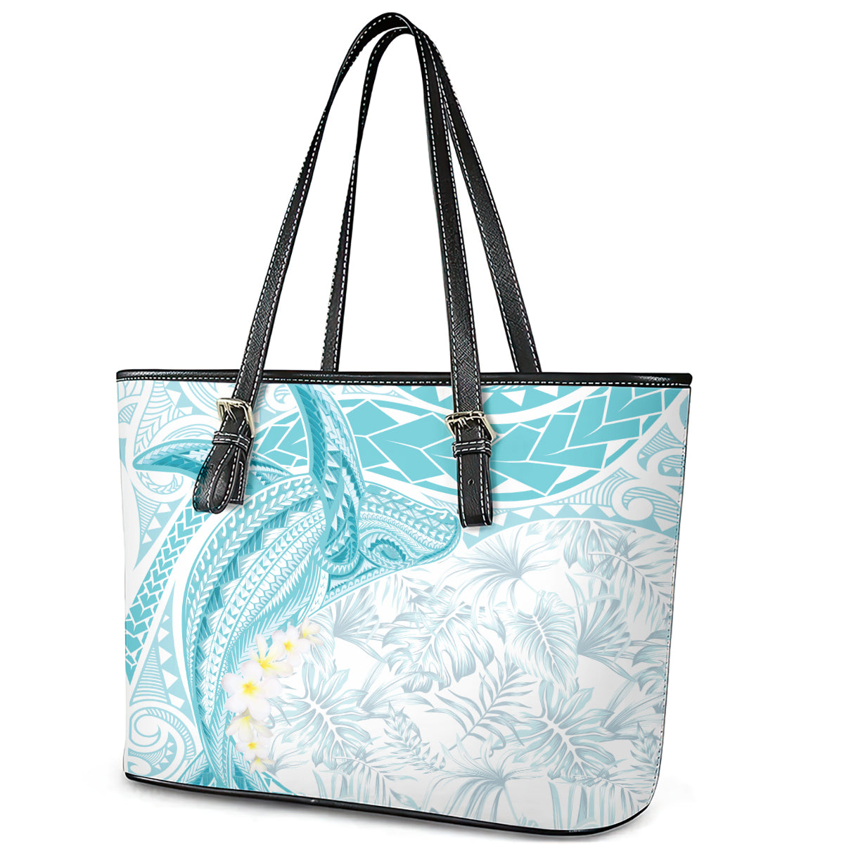 Polynesia Humpback Whale Leather Tote Bag Tropical Plumeria Turquoise LT7 - Polynesian Pride