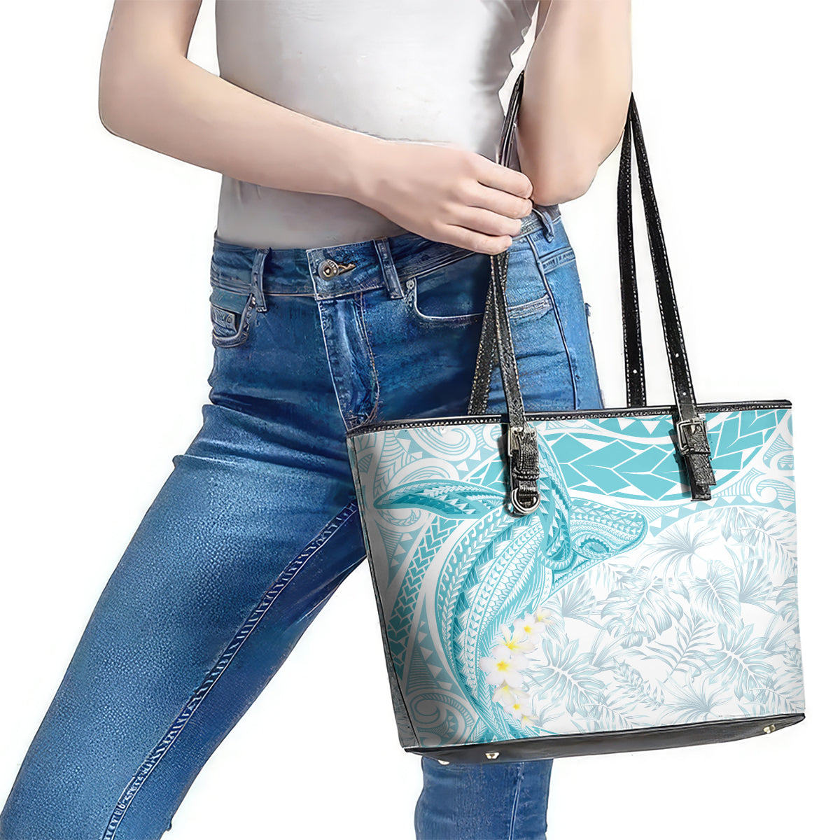 Polynesia Humpback Whale Leather Tote Bag Tropical Plumeria Turquoise LT7 - Polynesian Pride