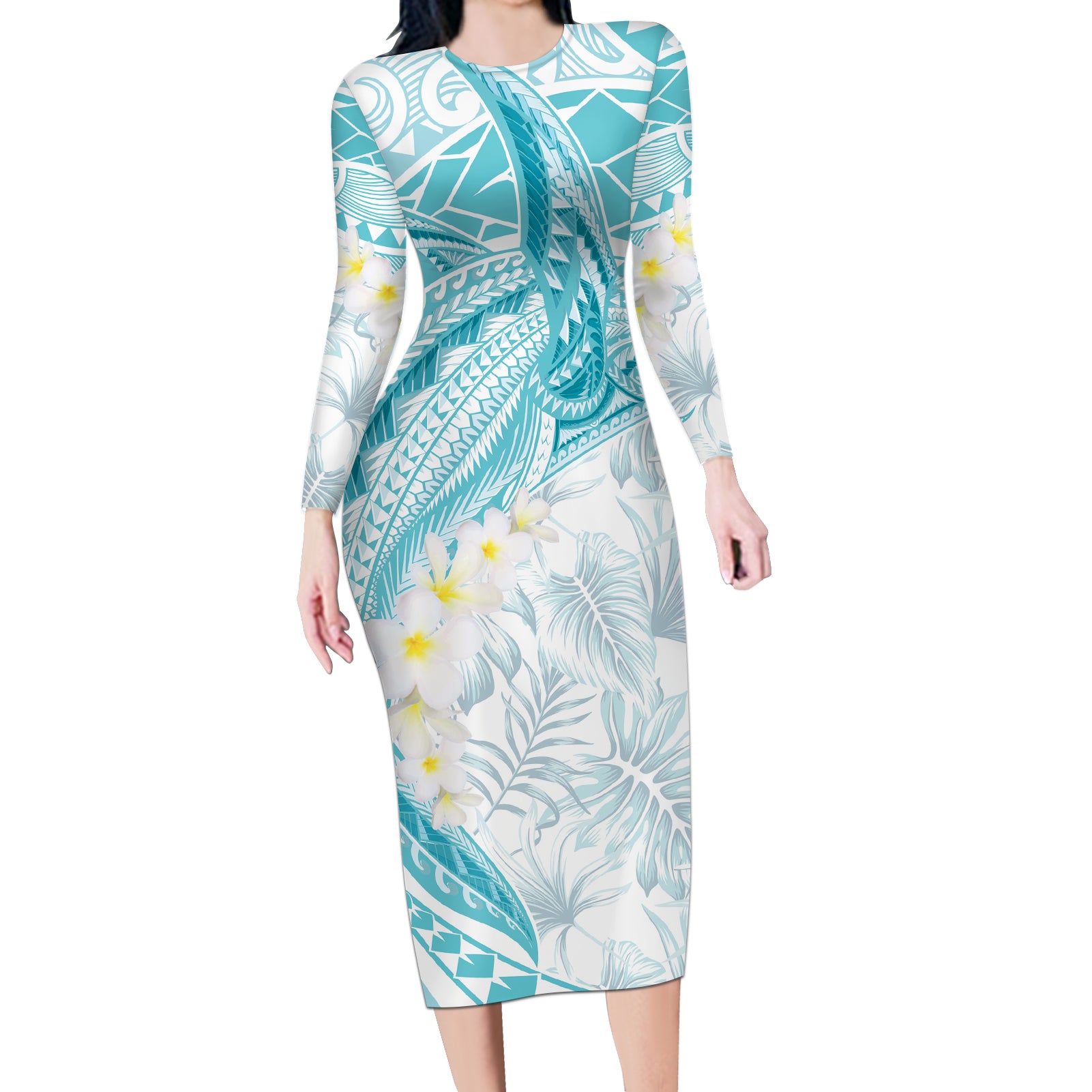 Polynesia Humpback Whale Long Sleeve Bodycon Dress Tropical Plumeria Turquoise