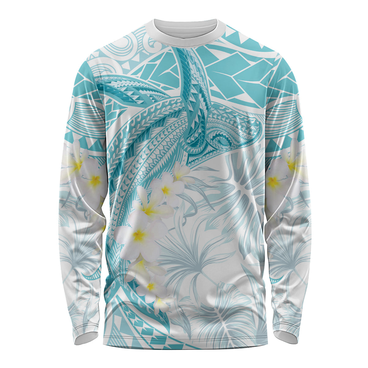 Polynesia Humpback Whale Long Sleeve Shirt Tropical Plumeria Turquoise