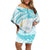 Polynesia Humpback Whale Off Shoulder Short Dress Tropical Plumeria Turquoise