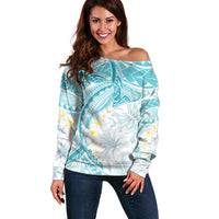 Polynesia Humpback Whale Off Shoulder Sweater Tropical Plumeria Turquoise