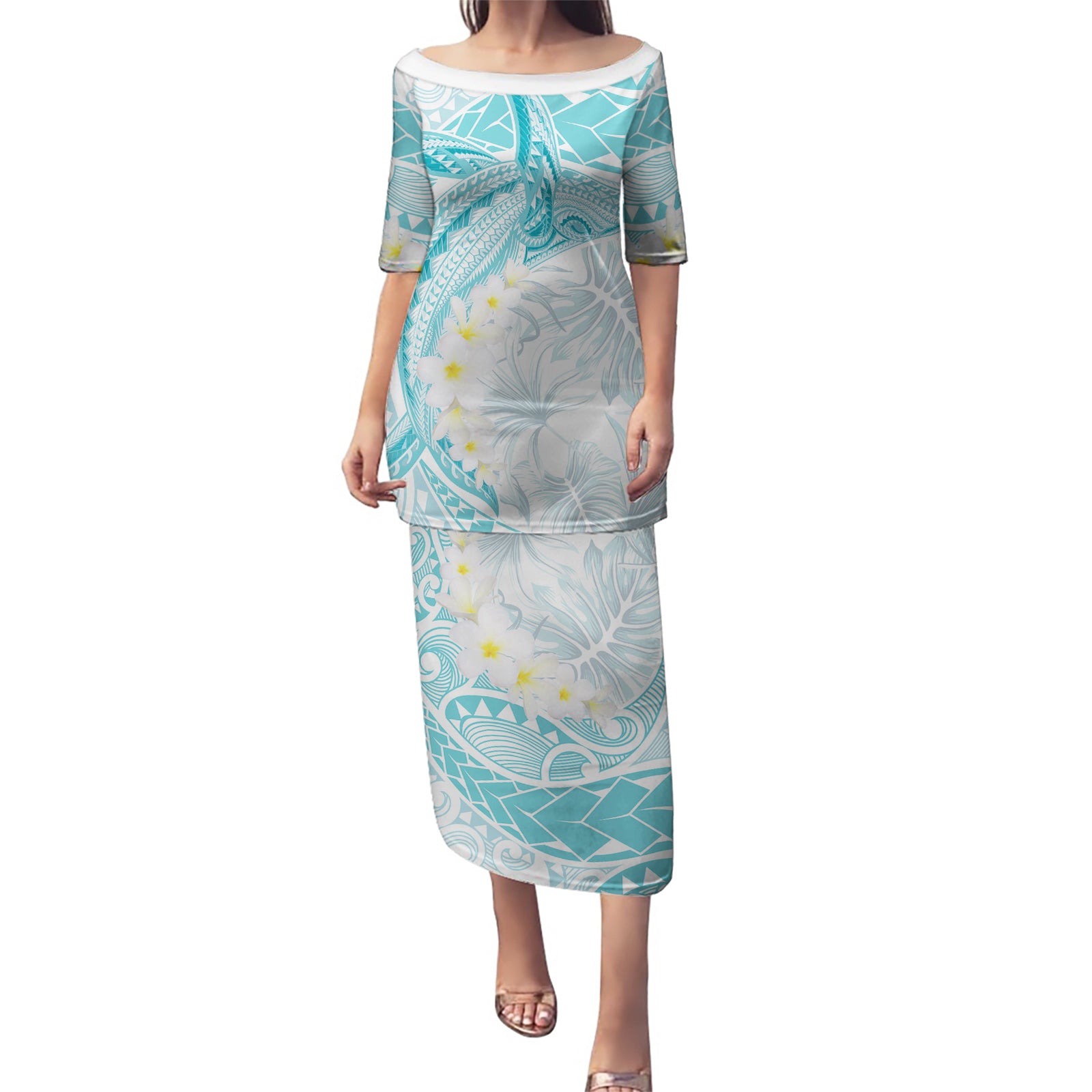 Polynesia Humpback Whale Puletasi Tropical Plumeria Turquoise LT7 Long Dress Turquoise - Polynesian Pride