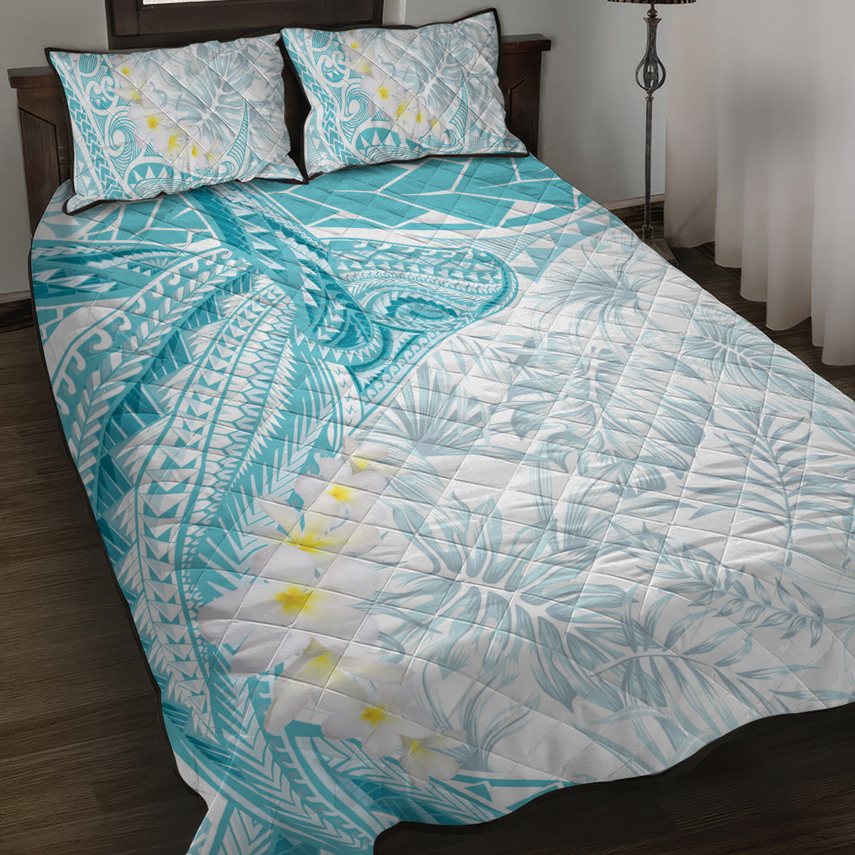 Polynesia Humpback Whale Quilt Bed Set Tropical Plumeria Turquoise LT7 Turquoise - Polynesian Pride