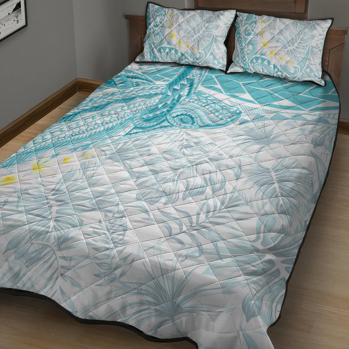 Polynesia Humpback Whale Quilt Bed Set Tropical Plumeria Turquoise LT7 - Polynesian Pride