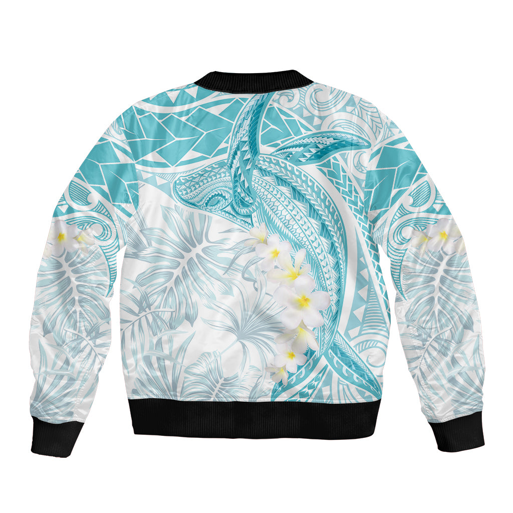 Polynesia Humpback Whale Sleeve Zip Bomber Jacket Tropical Plumeria Turquoise
