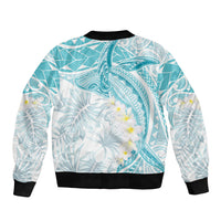 Polynesia Humpback Whale Sleeve Zip Bomber Jacket Tropical Plumeria Turquoise