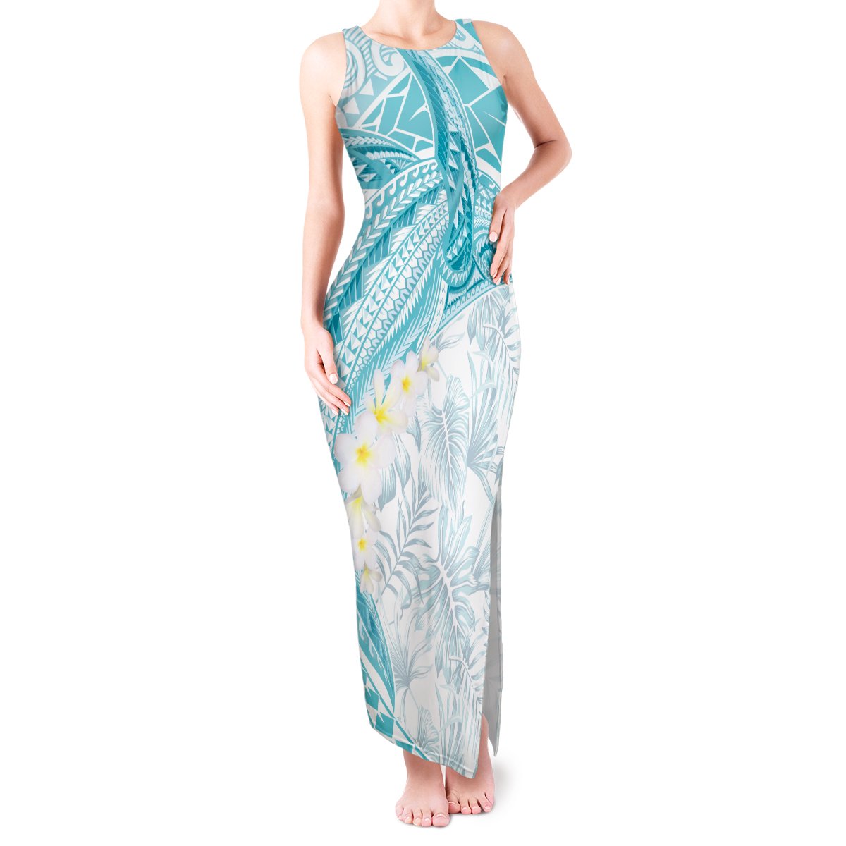 Polynesia Humpback Whale Tank Maxi Dress Tropical Plumeria Turquoise LT7 Women Turquoise - Polynesian Pride