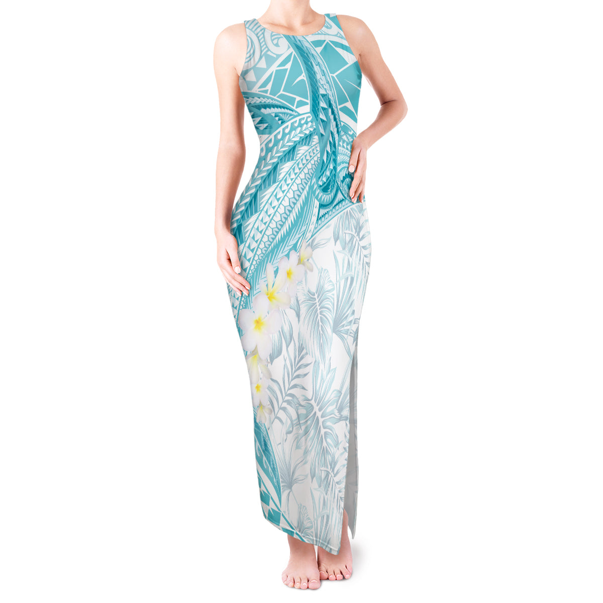 Polynesia Humpback Whale Tank Maxi Dress Tropical Plumeria Turquoise