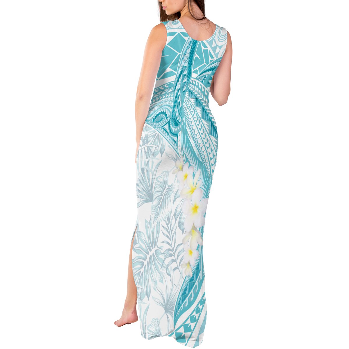 Polynesia Humpback Whale Tank Maxi Dress Tropical Plumeria Turquoise LT7 - Polynesian Pride